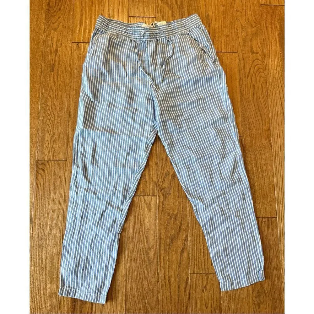 H&M NWOT blue striped linen drawstring pant size 8